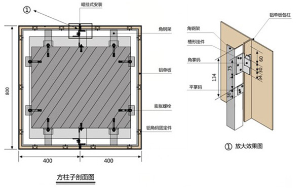 包柱鋁單板安裝示意節點圖