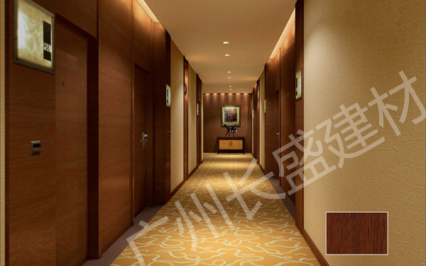 高檔酒店仿柚木木紋鋁蜂窩板走廊隔墻應用效果圖 