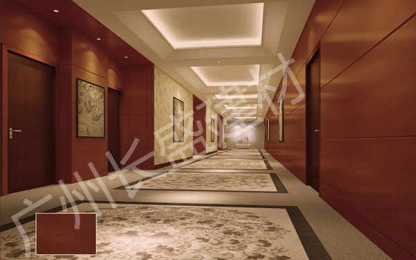 高檔酒店仿紅櫻桃木木紋鋁蜂窩板過道幕墻應用效果圖 